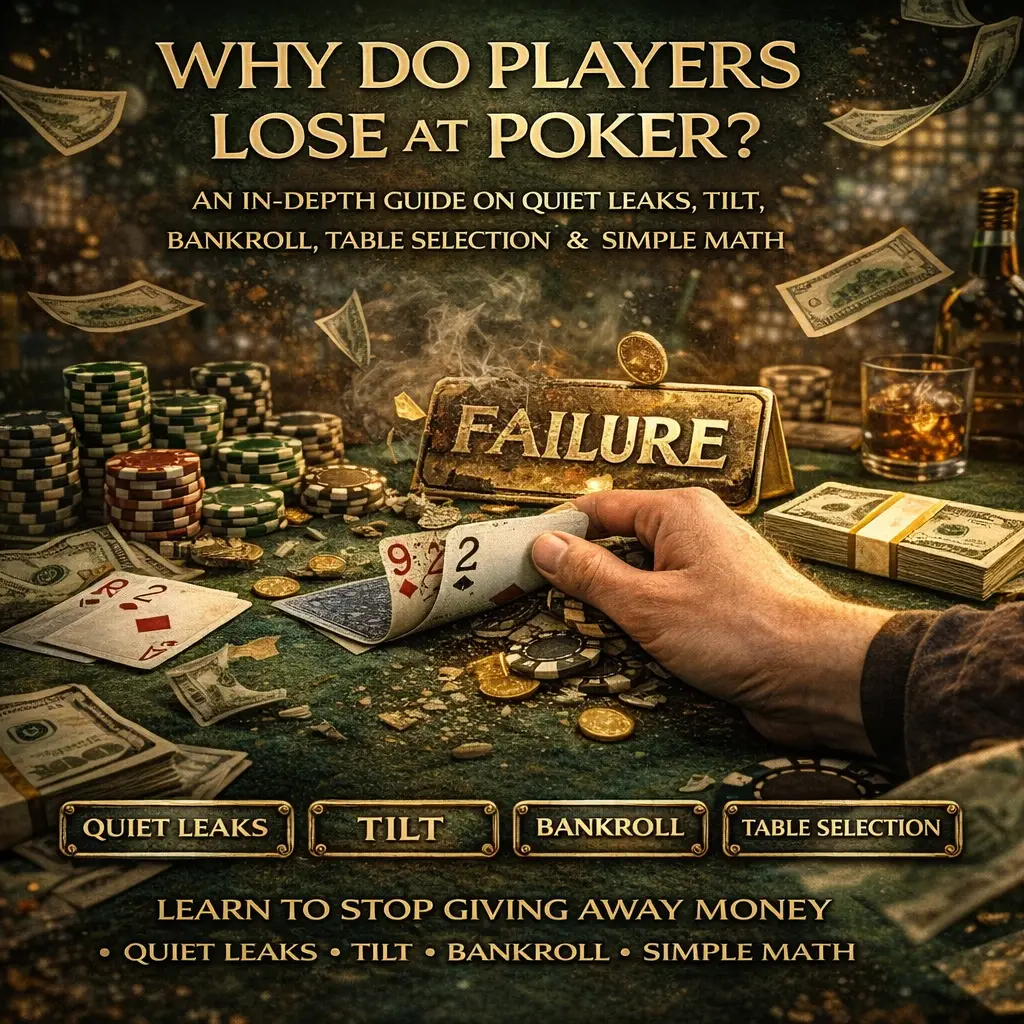 למה מפסידים בפוקר? מדריך עומק על דליפות שקטות, טילט, בנקרול, בחירת שולחן ומתמטיקה פשוטה - כדי להפסיק לתת כסף בחינם.