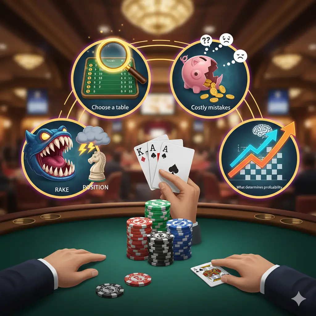 משחקי פוקר קאש (לייב והום-גיימס): מה באמת קובע רווחיות, איך לבחור שולחן, אילו טעויות חוזרות עולות כסף, ומה לעשות עם רייק, טילט ופוזיציה.