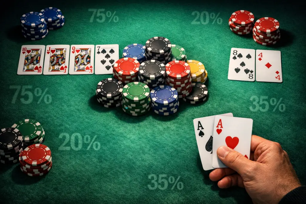 חישוב Pot Odds ו-Equity על שולחן פוקר עם קלפים ואסימונים