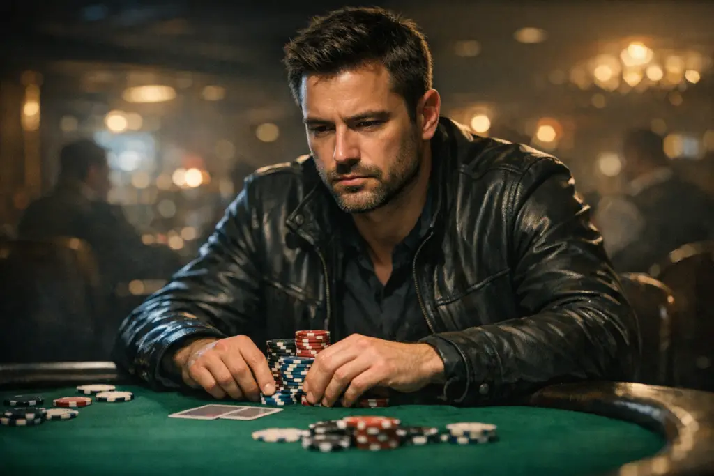 שחקן פוקר מחליט על Bet 3 ליד שולחן קלפים