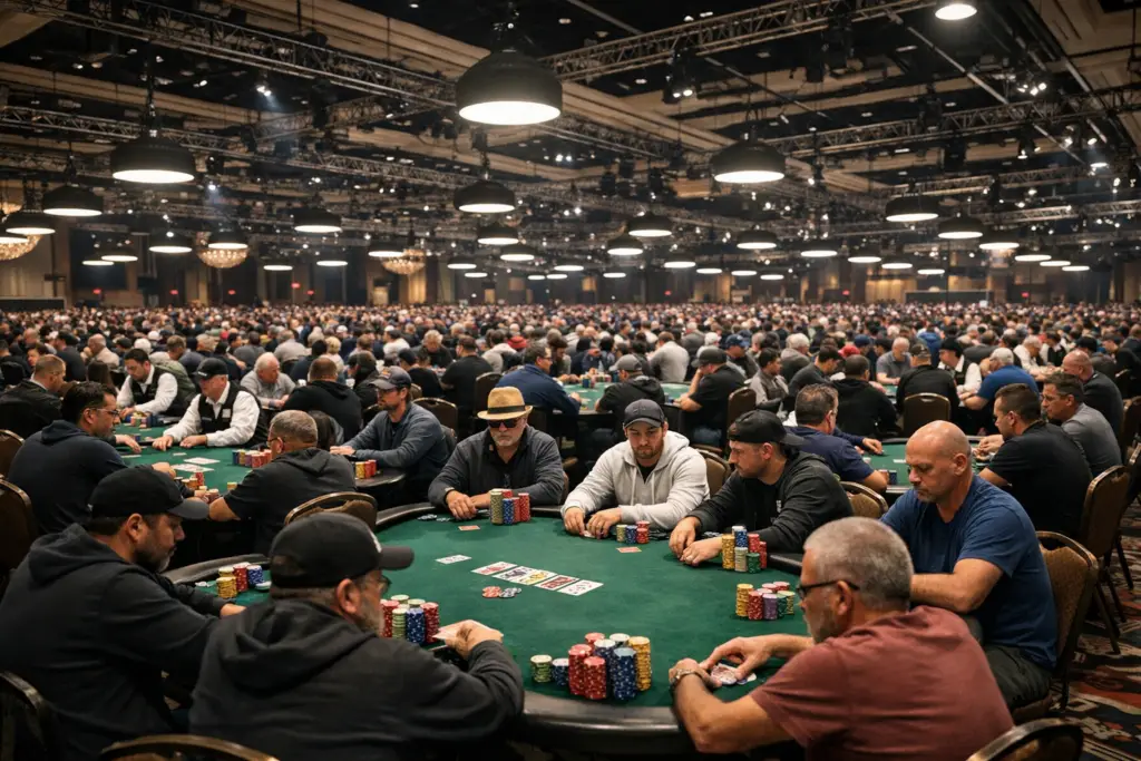 שולחן פוקר של WSOP 2026 עם אלפי שחקנים באולם גדול